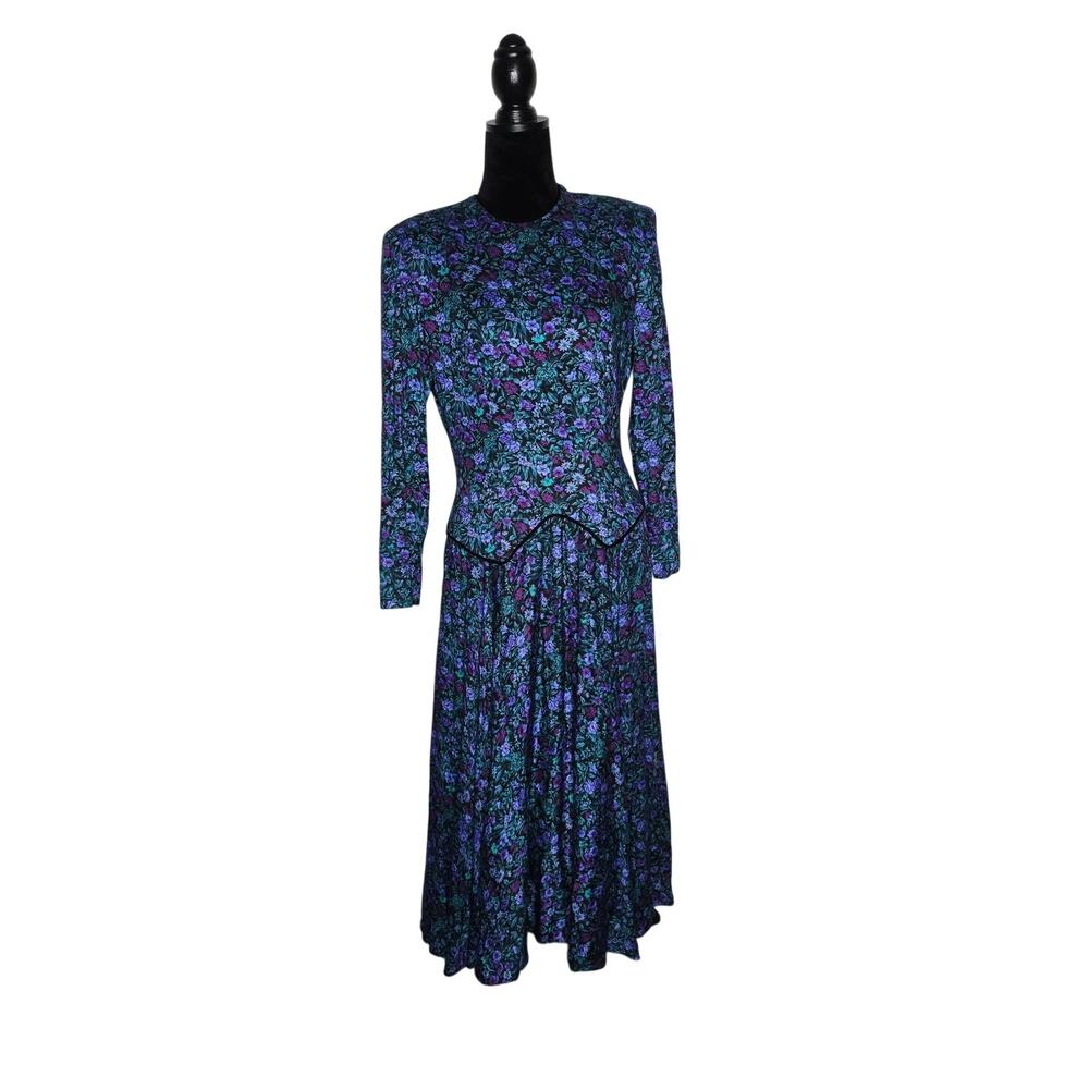 Talbots Floral Midi Dress Size 12 Purple Teal Black Made USA Long Sleeve Vintage